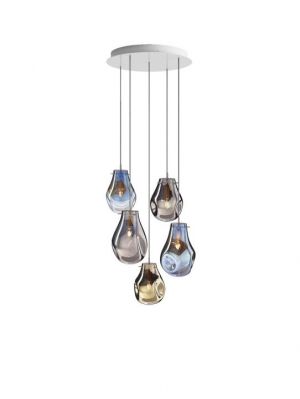 Bomma Soap chandelier with 5 lamps multicolour version 2, 1 x Large silver, 1 x Large blue, 1 x Small silver, 1 x Small blue, 1 x Small gold