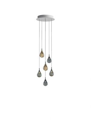 Bomma Soap Mini chandelier with 6 lamps multicolour version 2, 2 x blue, 2 x silver, 2 x gold